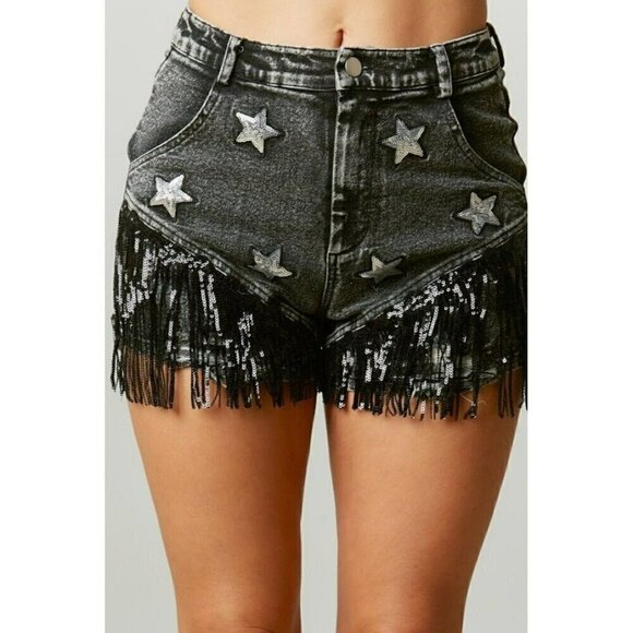 Fantastic Fawn Pants - Oh My Starlight Sequin Patch Black Shorts With Fringe